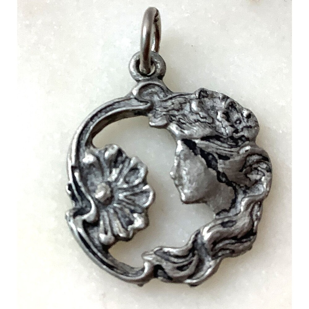 Art Nouveau Woman Pendant Antique Sterling Charm Jugendstil Flowers Silver
